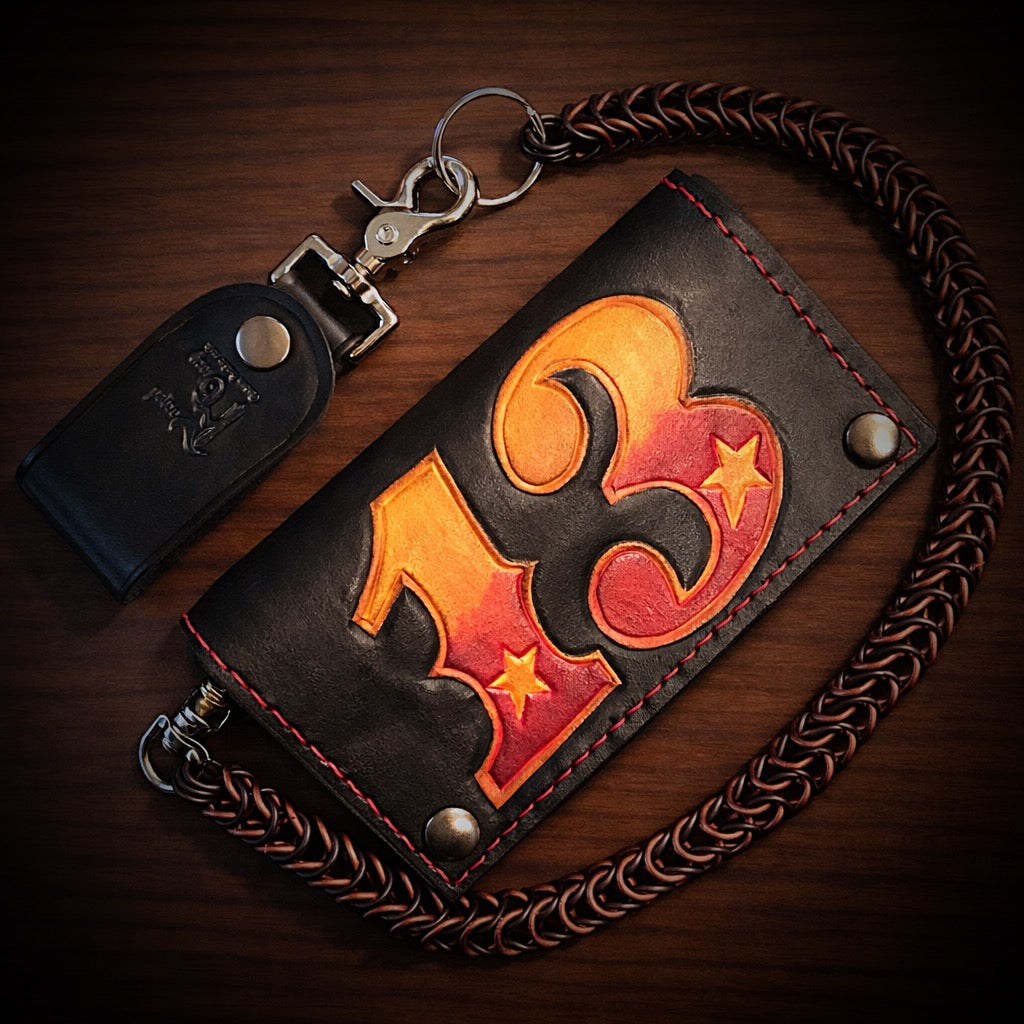 Long Biker Leather Wallet with Chain - Unlucky 13 Red Stitching
