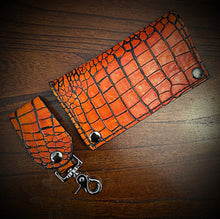 Load image into Gallery viewer, Long Biker Exotic Leather Wallet with Chain - American Alligator Leather, Orange & Black