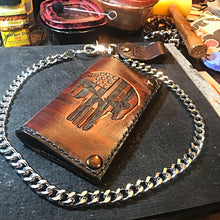 Load image into Gallery viewer, Long Biker Leather Wallet with Chain - Flag Skull, Brown