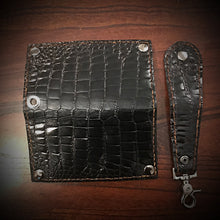 Load image into Gallery viewer, Long Biker Exotic Leather Wallet with Chain - American Alligator Leather, Black, Brown Interior, Brown Stitching