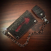 Load image into Gallery viewer, Long Biker Exotic Leather Wallet with Chain - American Alligator, w/ Rectum Python Inlay (the devils anus wallet)