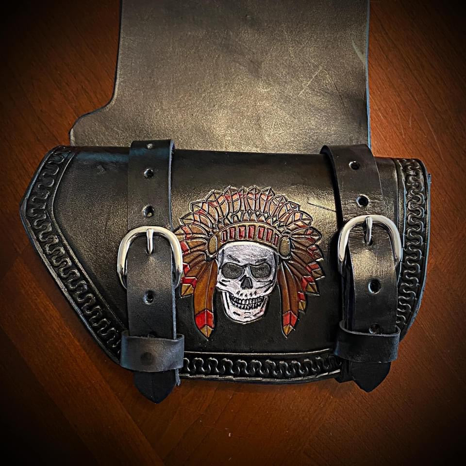 Black Leather Skull Pouch Tool Roll Bag For Harley Davidson Yamaha Honda Custom | BIKESTYLER