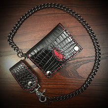Load image into Gallery viewer, Long Biker Exotic Leather Wallet with Chain - American Alligator, w/ Rectum Python Inlay (the devils anus wallet)