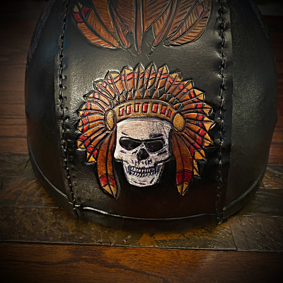 festher skull motorcycle helmet Leather covered Half Helmet With Flying Skull Art