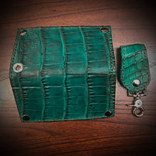 Load image into Gallery viewer, Long Biker Exotic Leather Wallet with Chain - American Alligator Leather, Green, Red & Green Interior, Red Stitching
