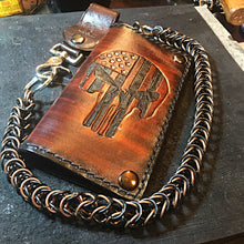 Load image into Gallery viewer, Long Biker Leather Wallet with Chain - Flag Skull, Brown