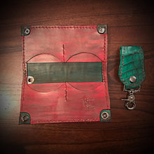 Load image into Gallery viewer, Long Biker Exotic Leather Wallet with Chain - American Alligator Leather, Green, Red & Green Interior, Red Stitching