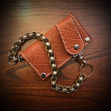 Load image into Gallery viewer, Long Biker Exotic Leather Wallet with Chain - Genuine Elephant Leather, Indian Tan, White Stitching