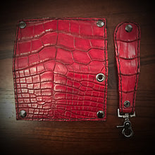 Load image into Gallery viewer, Long Biker Exotic Leather Wallet with Chain - American Alligator Leather, Red, Red & Black Interior, Black Stitching