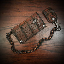 Load image into Gallery viewer, Long Biker Exotic Leather Wallet with Chain - American Alligator Leather Brown, Black Interior, Black Stitching