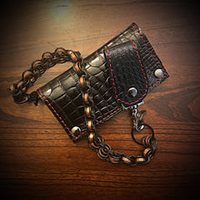 Load image into Gallery viewer, Long Biker Exotic Leather Wallet with Chain - American Alligator Leather, All Black, Red Stitching