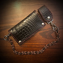 Load image into Gallery viewer, Long Biker Exotic Leather Wallet with Chain - American Alligator Leather, All Black, Red Stitching