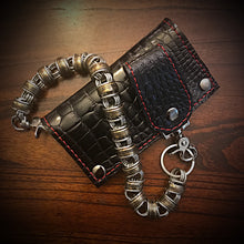 Load image into Gallery viewer, Long Biker Exotic Leather Wallet with Chain - American Alligator Leather, All Black, Red Stitching