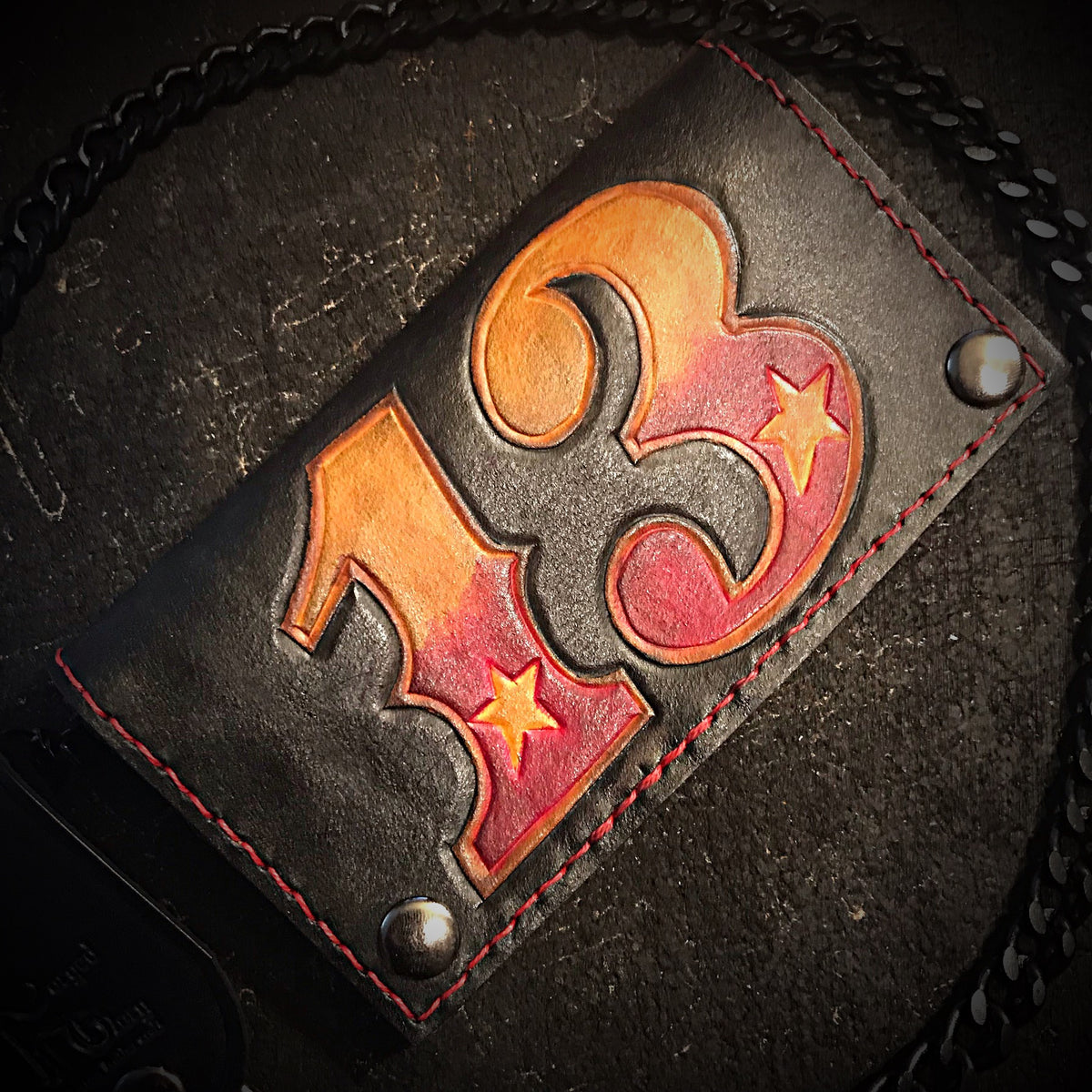 Long Biker Leather Wallet with Chain - Unlucky 13 Red Stitching 