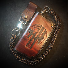Load image into Gallery viewer, Long Biker Leather Wallet with Chain - Flag Skull, Brown