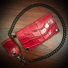 Load image into Gallery viewer, Long Biker Exotic Leather Wallet with Chain - American Alligator Leather, Red, Red & Black Interior, Black Stitching