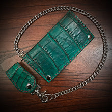 Load image into Gallery viewer, Long Biker Exotic Leather Wallet with Chain - American Alligator Leather, Green, Red & Green Interior, Red Stitching