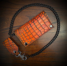 Load image into Gallery viewer, Long Biker Exotic Leather Wallet with Chain - American Alligator Leather, Orange & Black