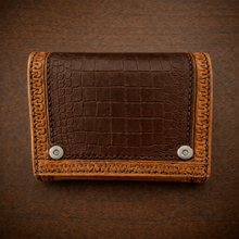 Load image into Gallery viewer, Motorcycle Handlebar Bag - Alligator Print With Different Colors To Choose, On Indian Tan Leather, Customized To Fit Any Bike