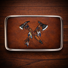 Load image into Gallery viewer, Belt Buckle Cross Tomahawks In Brown Leather