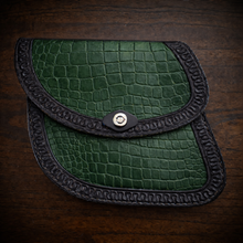 Load image into Gallery viewer, Swing Arm Bag - Fits Indian Scout &amp; Chief Models, With Alligator Print, On Black Leather
