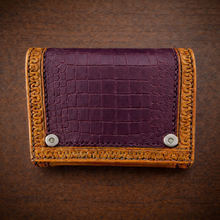 Load image into Gallery viewer, Motorcycle Handlebar Bag - Alligator Print With Different Colors To Choose, On Indian Tan Leather, Customized To Fit Any Bike