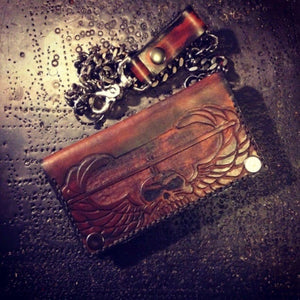 Long Biker Leather Wallet with Chain 
- Custom Art, Brown