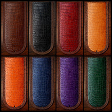 Load image into Gallery viewer, Fender Bib - Choice Of Alligator Print Leather Color, On Brown Leather, Made To Fit Any Bike