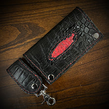 Load image into Gallery viewer, Long Biker Exotic Leather Wallet with Chain - Black American Alligator, w/ Rectum, Red Alligator Inlay