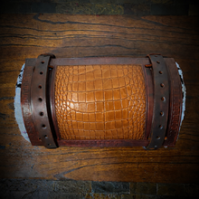 Load image into Gallery viewer, Bedroll for Motorcycles - Generation 2, Alligator Print Leather, On Brown Leather