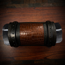 Load image into Gallery viewer, Bedroll for Motorcycles - Generation 2, Alligator Print Leather, On Black Leather