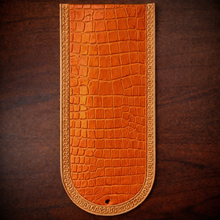 Load image into Gallery viewer, Fender Bib - Choice Of Alligator Print Leather Color, On Indian Tan Leather, Made To Fit Any Bike