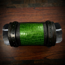 Load image into Gallery viewer, Bedroll for Motorcycles - Generation 2, Alligator Print Leather, On Black Leather