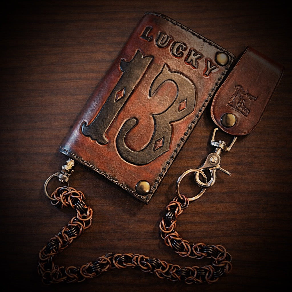 Long Biker Leather Wallet with Chain - Lucky 13, Brown – Forged