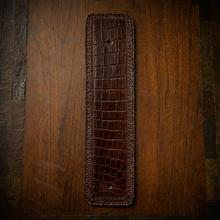 Load image into Gallery viewer, Front Fender Bib, Multiple Colors Of Alligator Print Leather, On Brown Leather, Made To Fit Any Bike
