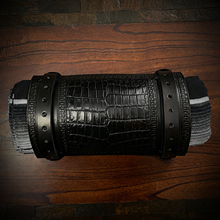 Load image into Gallery viewer, Bedroll for Motorcycles - Generation 2, Alligator Print Leather, On Black Leather