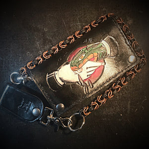 Long Biker Leather Wallet with Chain - Custom Art, Black