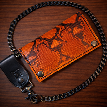 Load image into Gallery viewer, Long Biker Exotic Leather Wallet with Chain - Genuine Orange Python