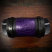Load image into Gallery viewer, Bedroll for Motorcycles - Generation 2, Alligator Print Leather, On Black Leather