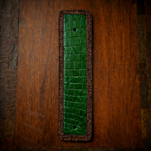 Load image into Gallery viewer, Front Fender Bib, Multiple Colors Of Alligator Print Leather, On Brown Leather, Made To Fit Any Bike