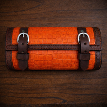 Load image into Gallery viewer, Tool Bag for Motorcycles - Alligator Print Leather, On Brown Leather