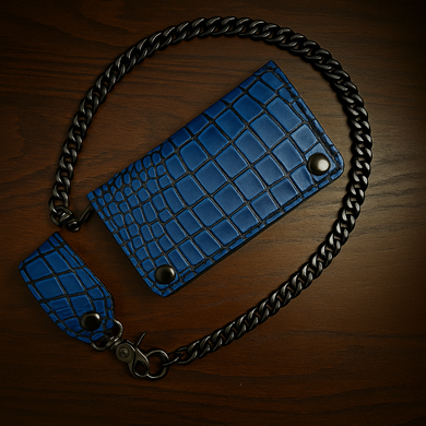 Long Biker Exotic Leather Wallet with Chain - American Alligator Leather, Blue, Blue Interior, Blue Stitching