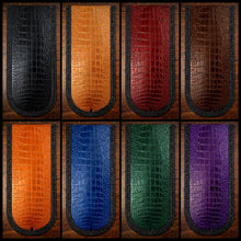 Load image into Gallery viewer, Fender Bib - Choice Of Alligator Print Leather Color, On Black Leather, Made To Fit Any Bike