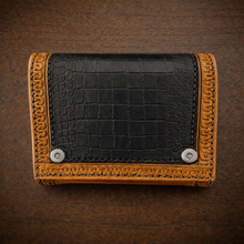Load image into Gallery viewer, Motorcycle Handlebar Bag - Alligator Print With Different Colors To Choose, On Indian Tan Leather, Customized To Fit Any Bike