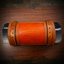 Load image into Gallery viewer, Bedroll for Motorcycles - Generation 2, Alligator Print Leather, On Indian Tan Leather