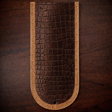Load image into Gallery viewer, Fender Bib - Choice Of Alligator Print Leather Color, On Indian Tan Leather, Made To Fit Any Bike