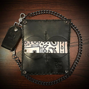 Long Biker Leather Wallet with Chain - Custom Art, Black