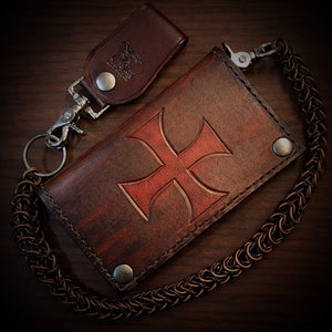 Long Biker Leather Wallet with Chain - Crusader Cross, Brown