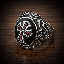 Load image into Gallery viewer, 'Deus Vult!' - 'God Wills It' Christian Crusaders Soldier Ring w/Red Zircon Gemstones