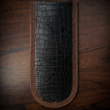 Load image into Gallery viewer, Fender Bib - Choice Of Alligator Print Leather Color, On Brown Leather, Made To Fit Any Bike